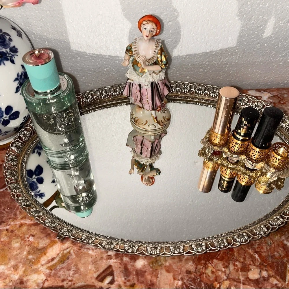 Vintage ornate vanity tray /table top stand mirror. Oval